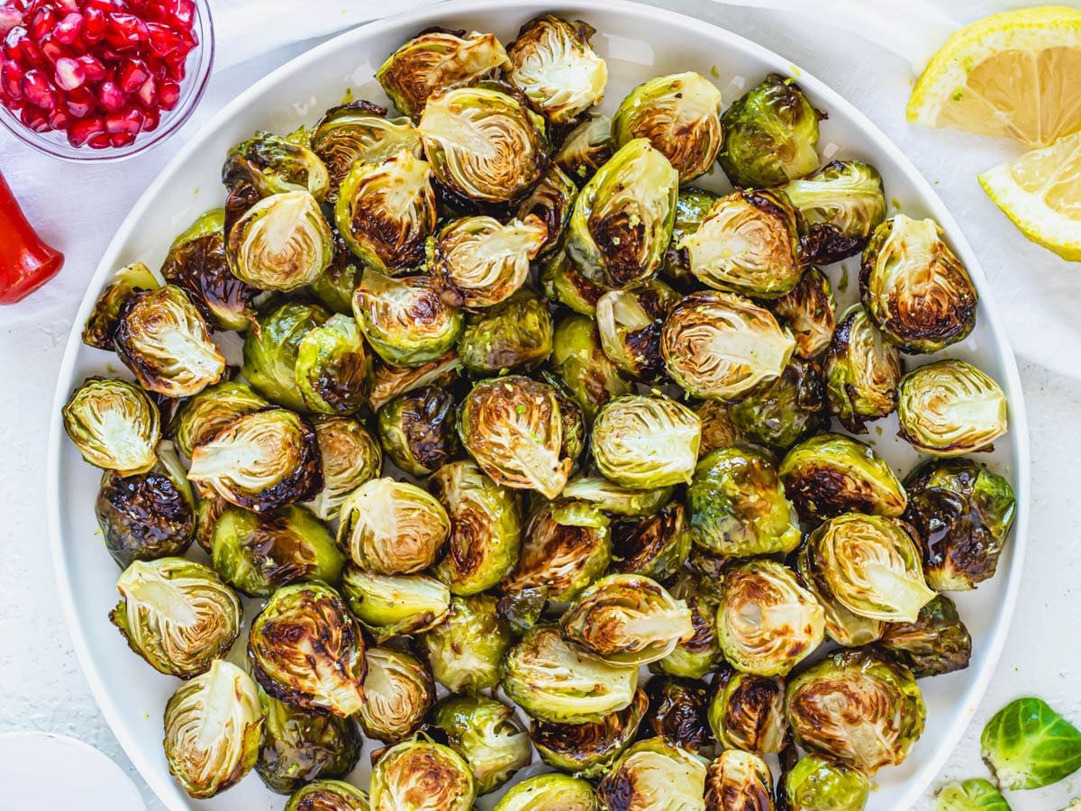 Roasted Brussels Sprouts with lemon and pomegranate