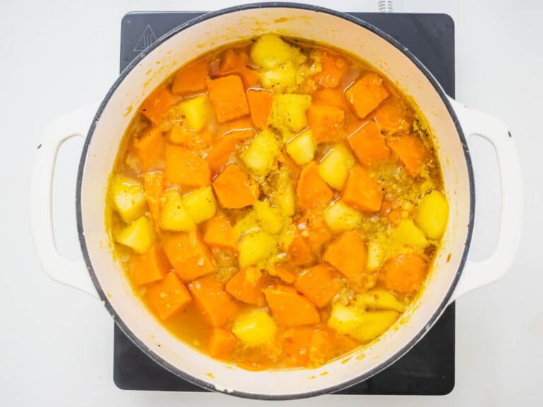 apple and sweet potatoes simmering in a casserole