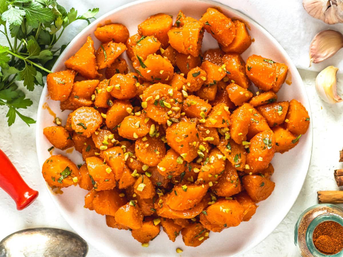 Moroccan carrot salad on a white plate