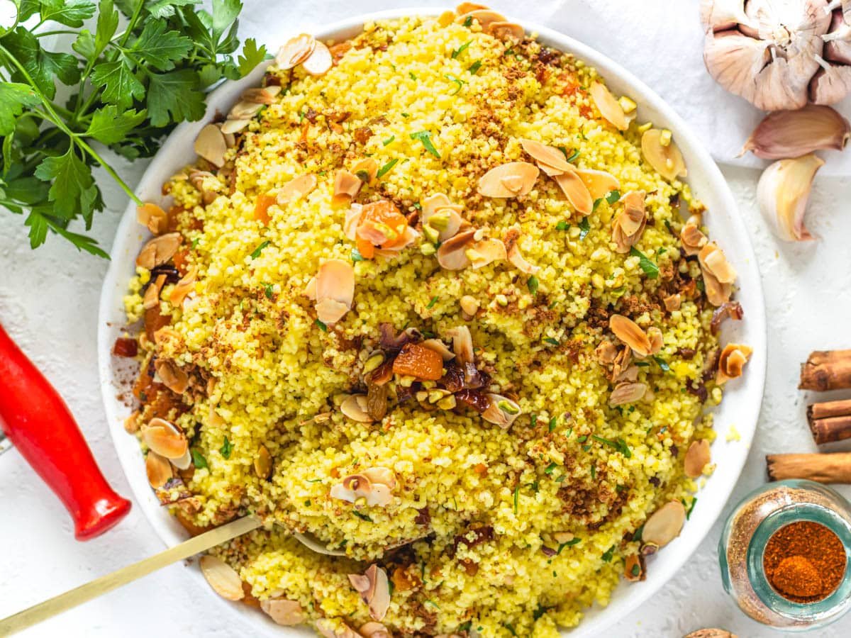 Moroccan couscous with dried fruits and slivered almonds