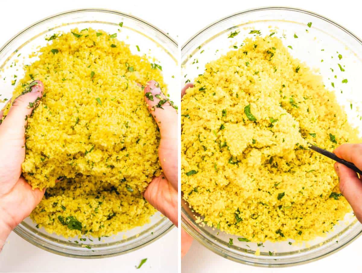tossing the couscous with parsley and olive oil