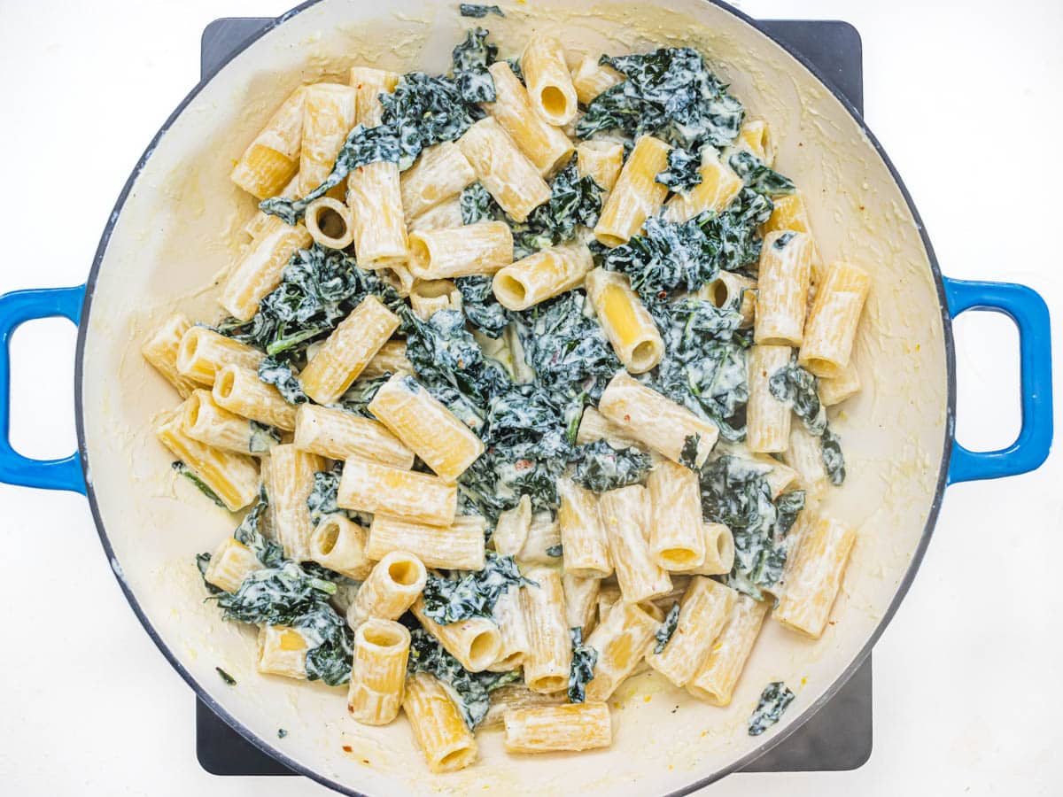 rigatoni pasta in a skillet with ricotta sauce and kale leaves
