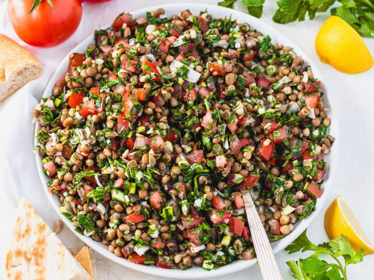lentil tabbouleh with a silver spoon