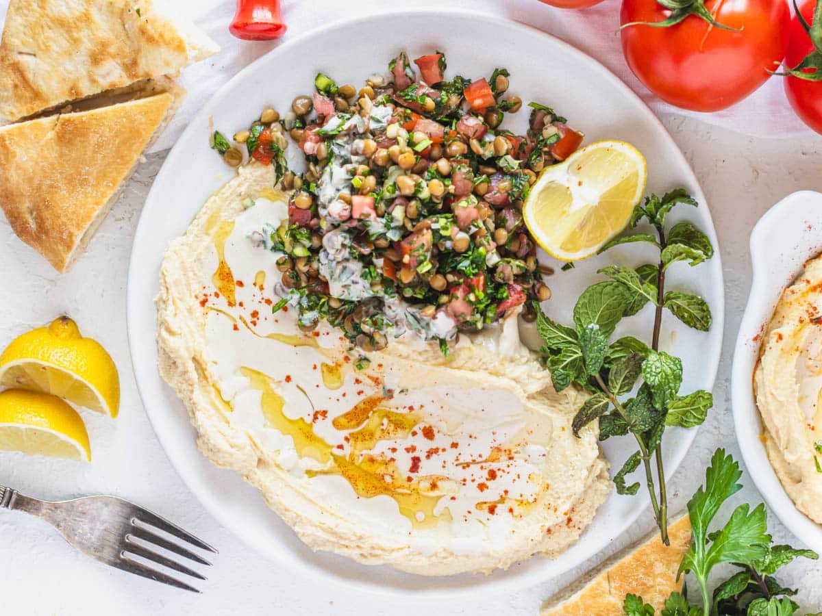 lentil tabbouleh with hummus and tahini sauce