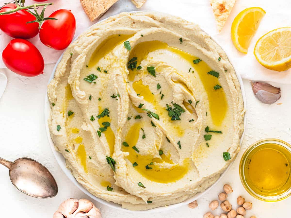 Hummus without tahini and olive oil drizzled