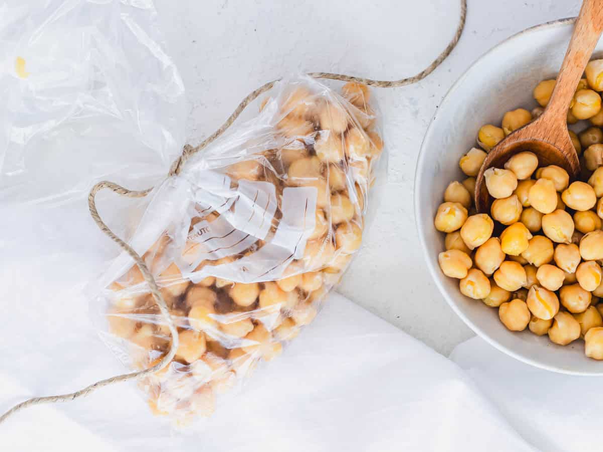cooked chickpeas in a plastic bag for freezer storage