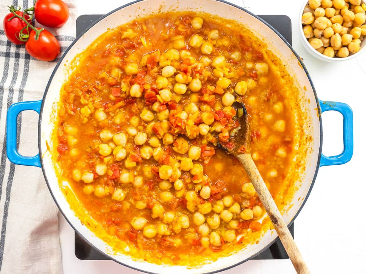 chickpeas with tomatoes in a skillet
