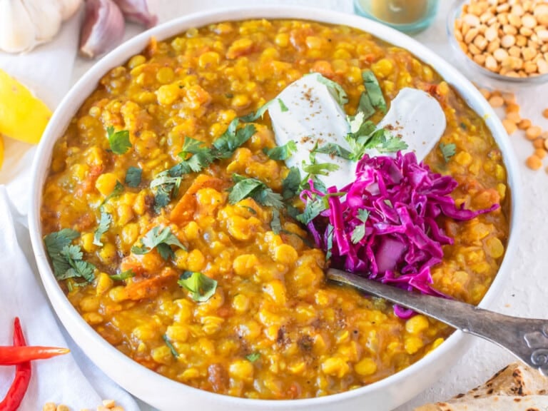 Chana dal with yogurt and red pickled cabbage