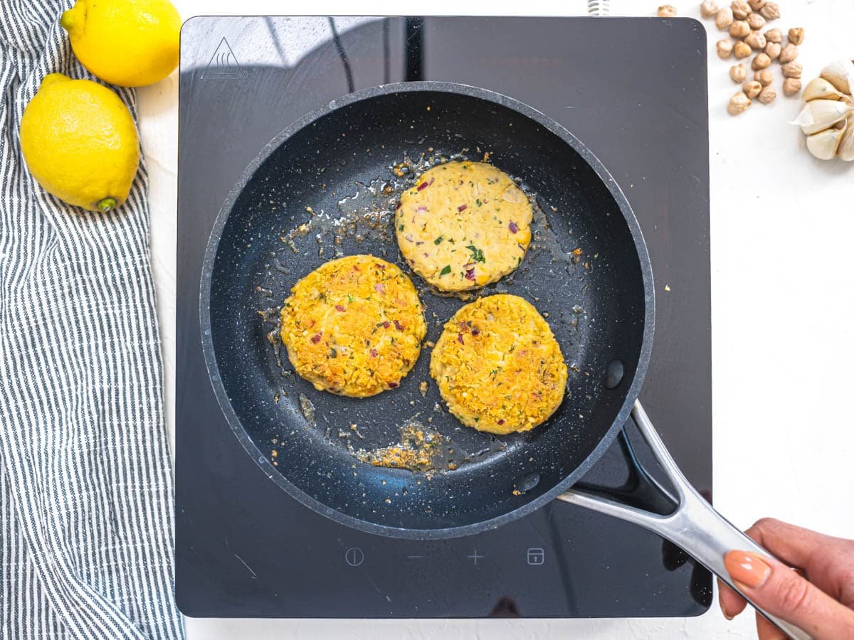 Chickpea fritters in a black skillet