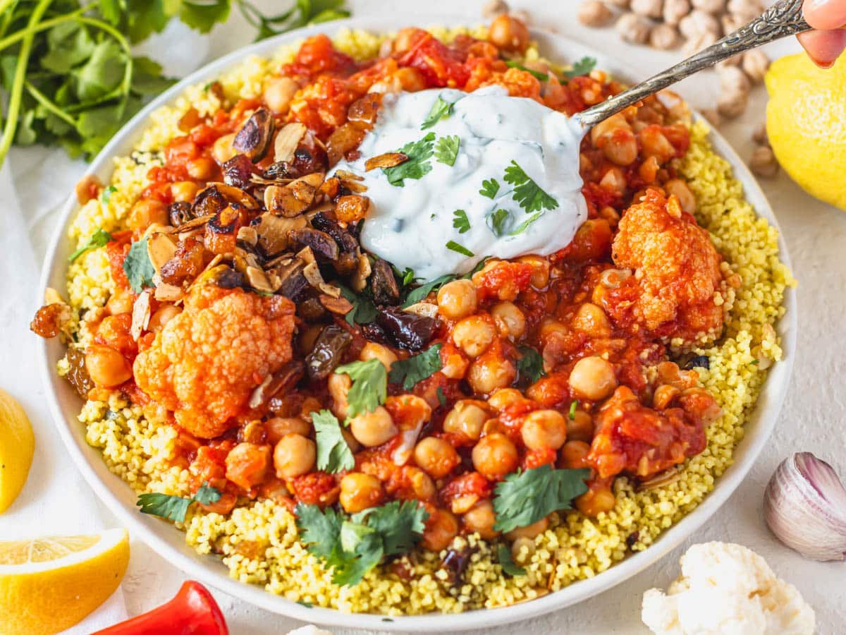 Moroccan chickpea stew on a bed of couscous with fresh cilantro