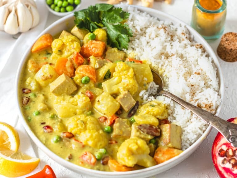 Navratan korma with cauliflower, rice, and tofu cubes