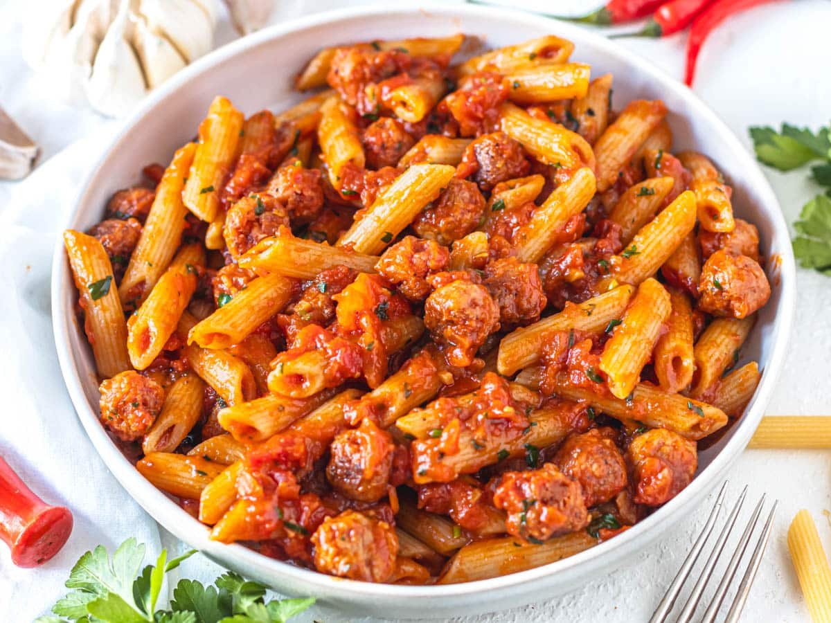 Penne Arrabbiata with small pieces of sausage