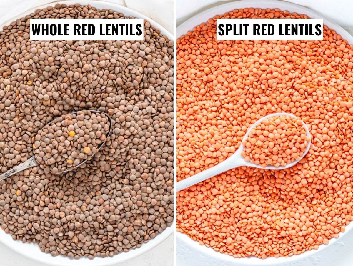 dry whole red lentils and split red lentils side by side
