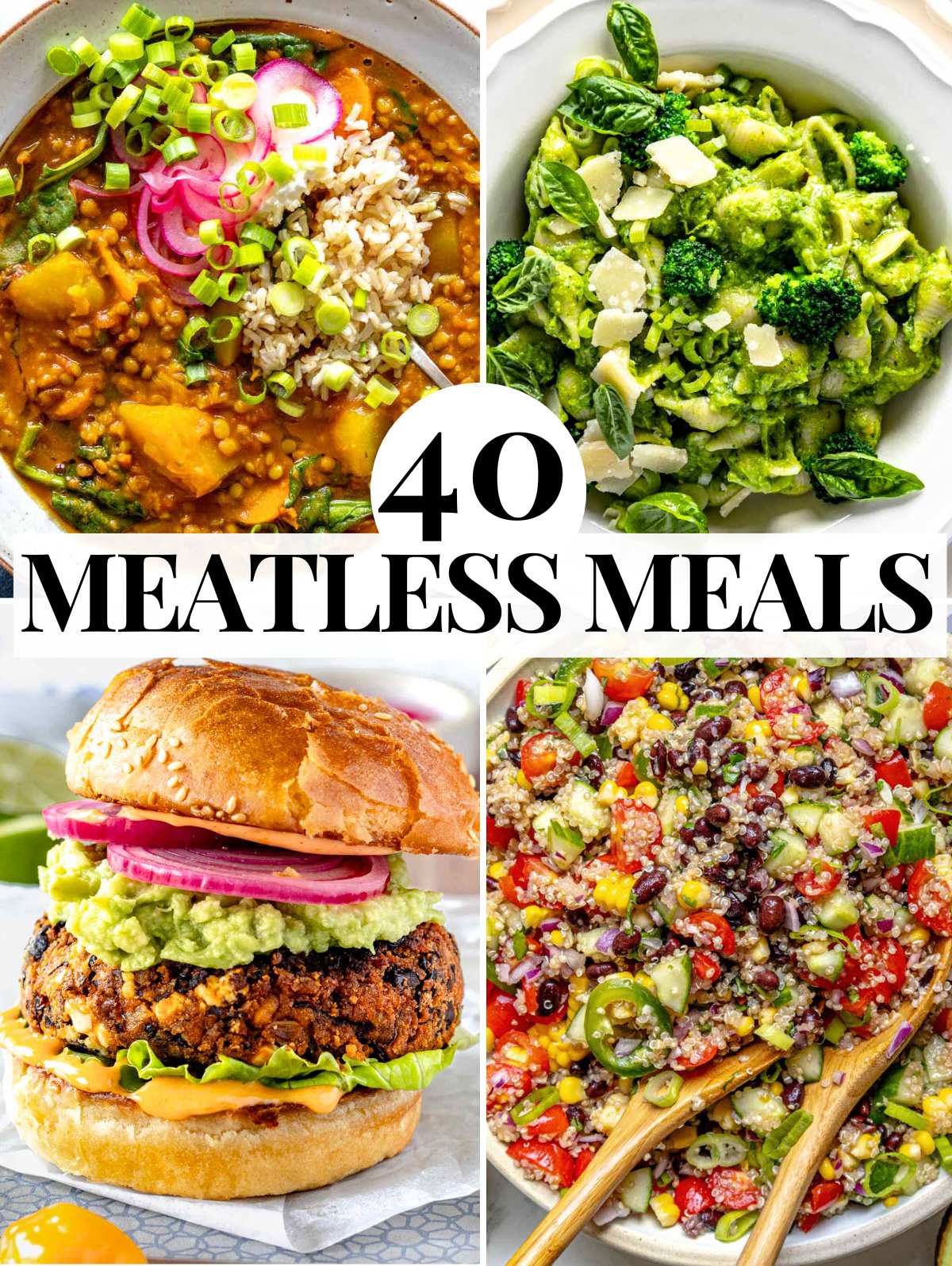 meatless meals with pasta, burger, and soups