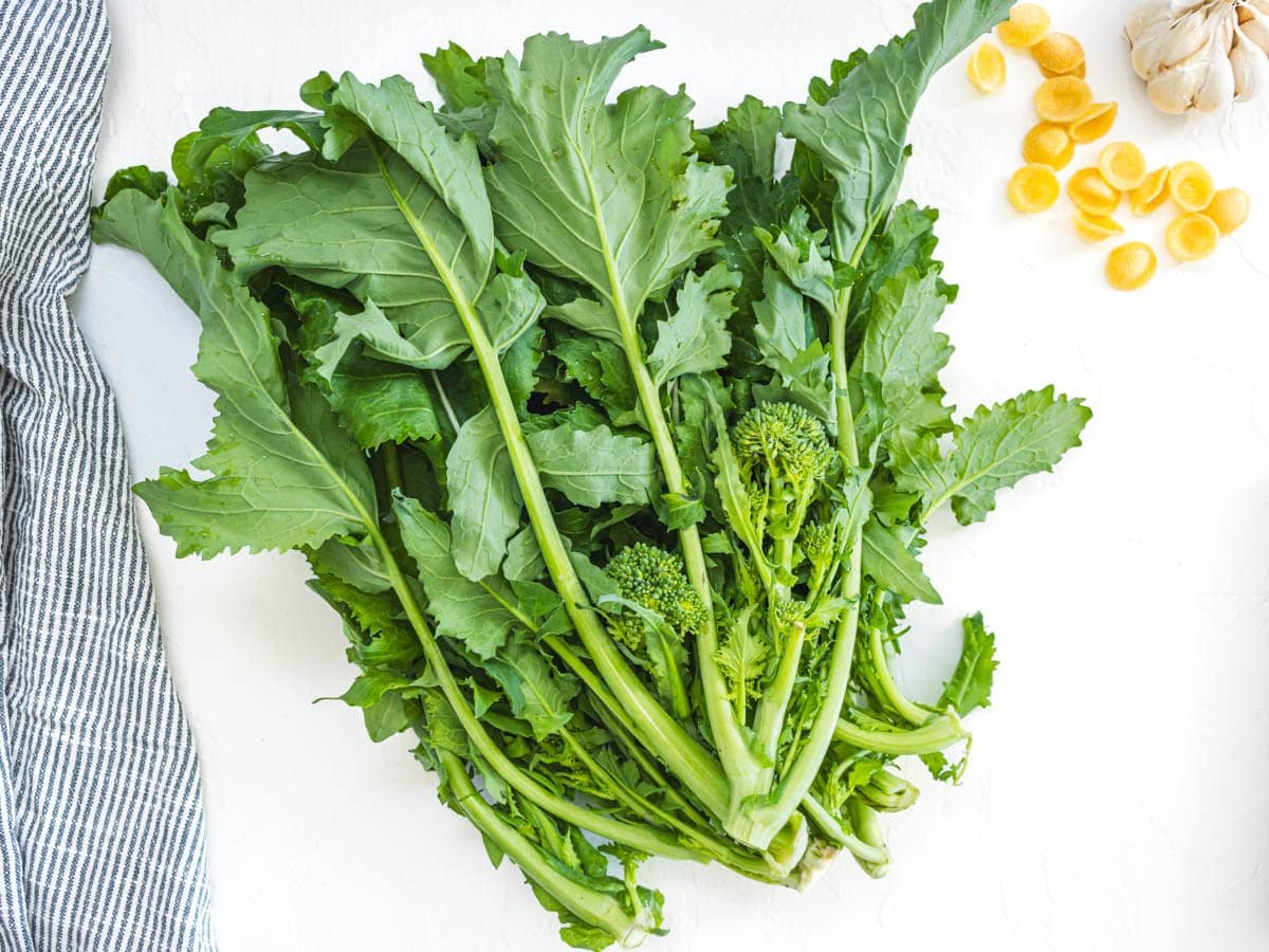 broccoli rabe on a white surface