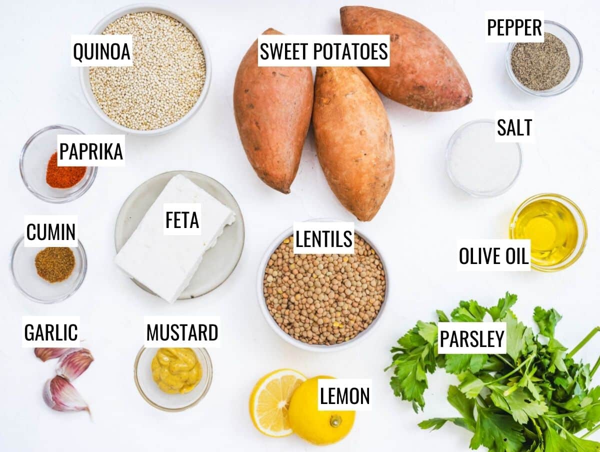 Ingredients for quinoa lentil salad