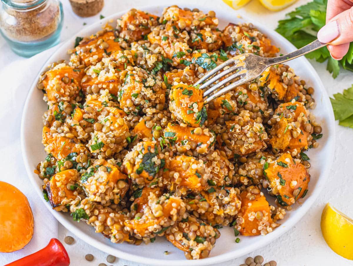 Lentil quinoa salad with a silver fork