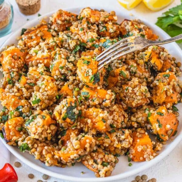lentil quinoa salad on a plate with a fork and fresh parsley