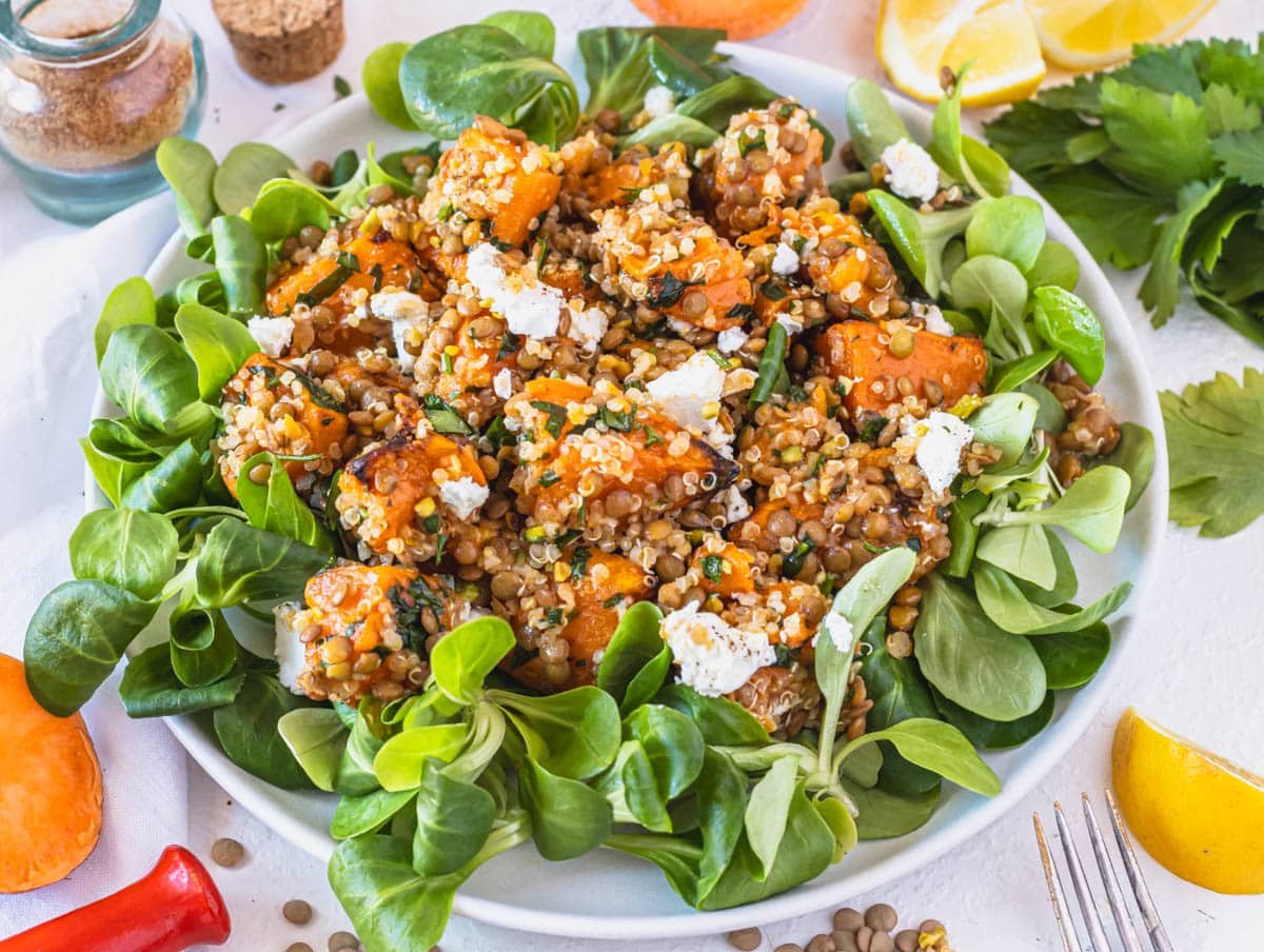 Lentil quinoa salad on watercress salad