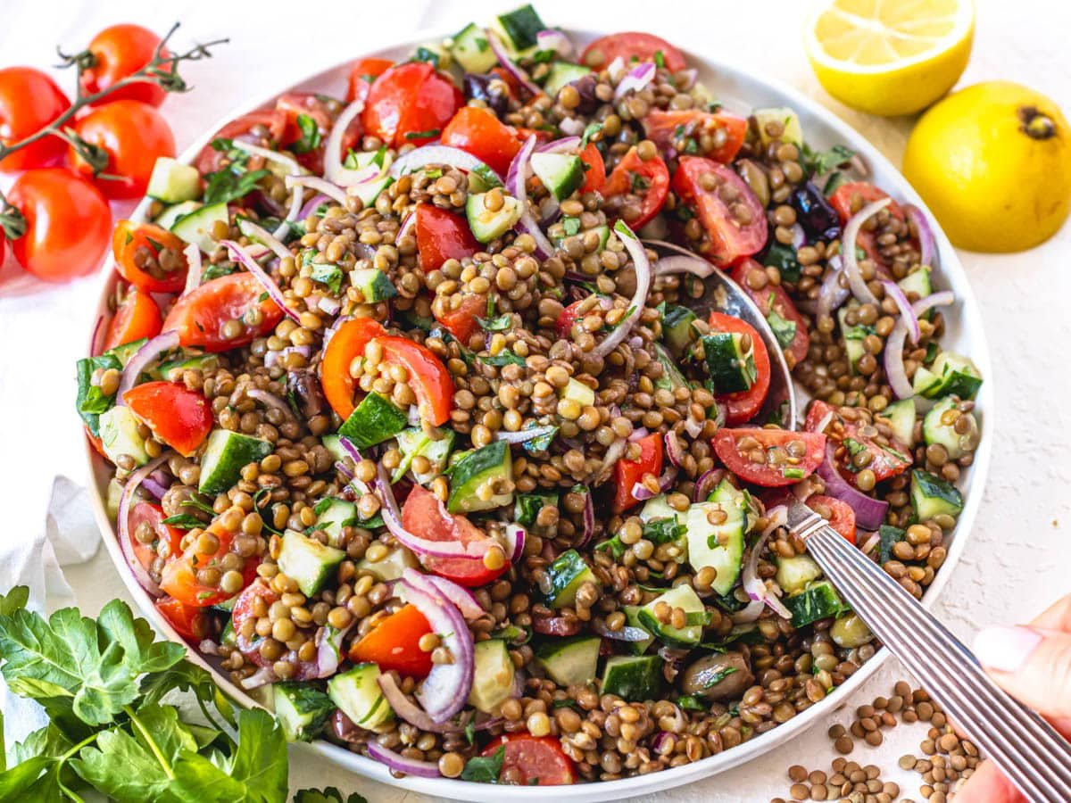 Lentil salad on a big white plate with hand holding a silver spoon