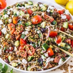 Lentil salad with tomatoes, feta and red onions