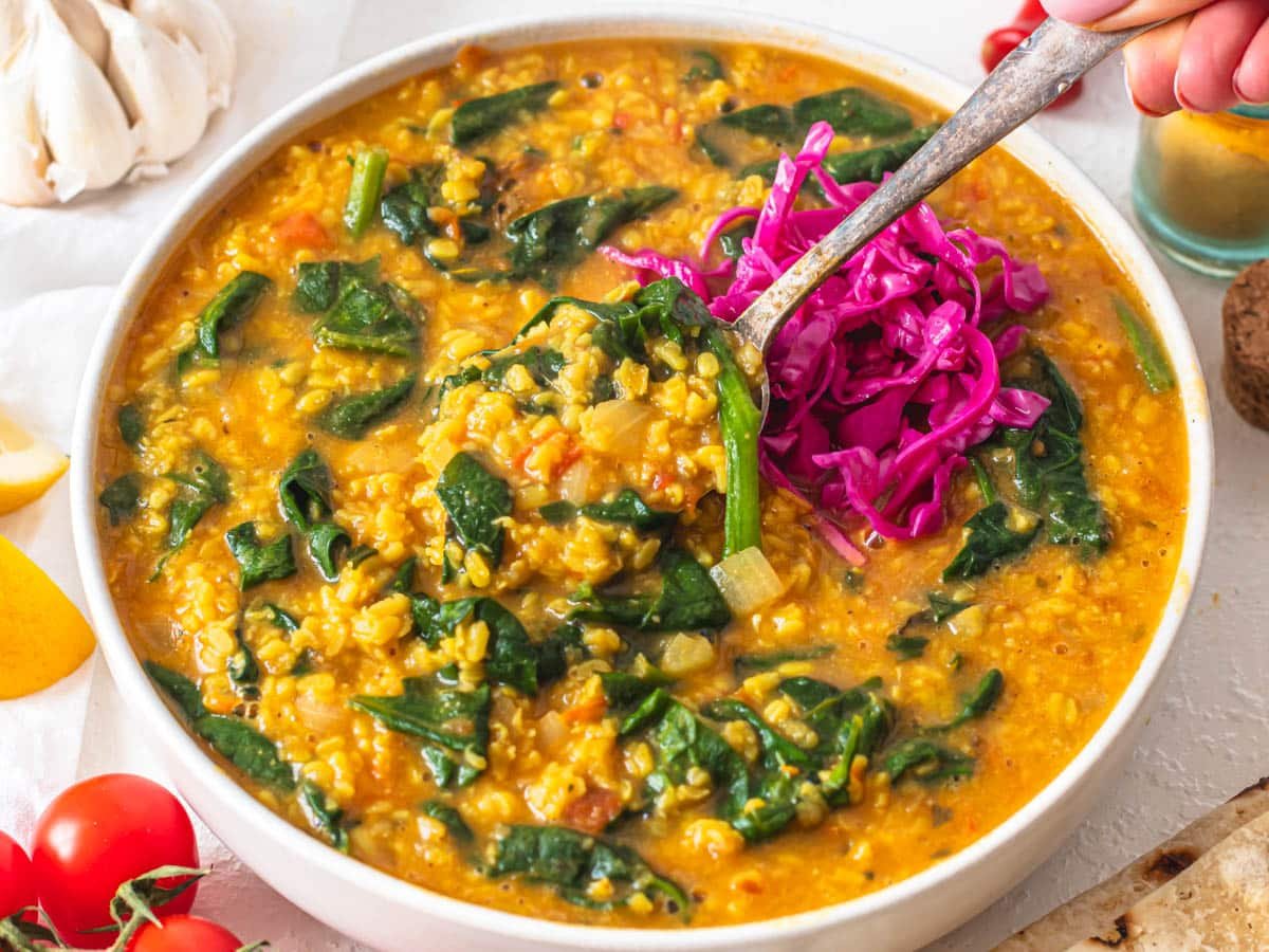 Mung dal with spinach and pickled red cabbage