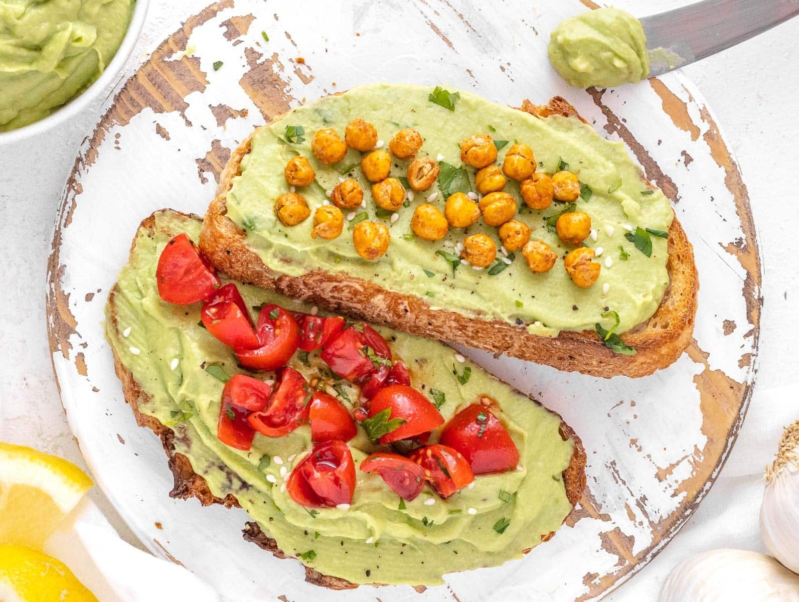 Avocado toast with spread and vegetables