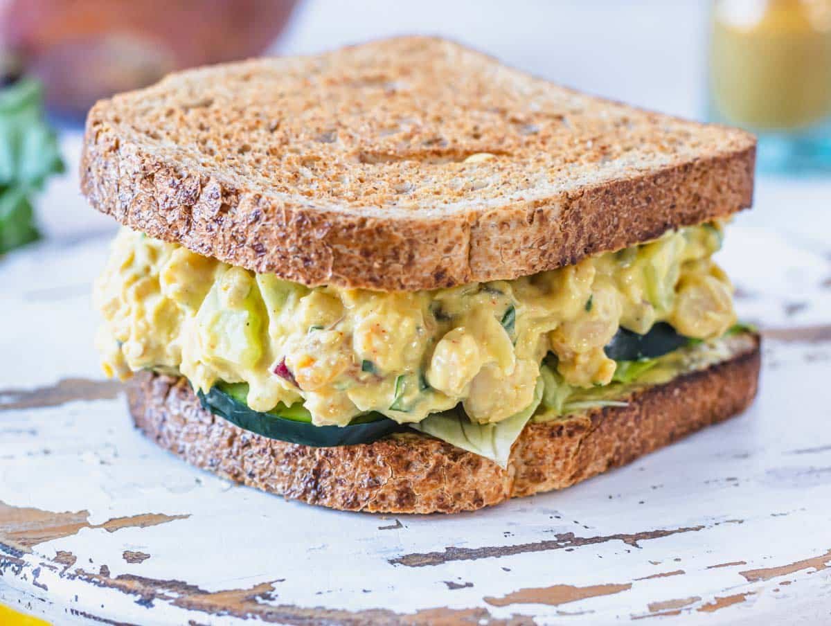 Curry chickpea salad in a wholegrain sandwich