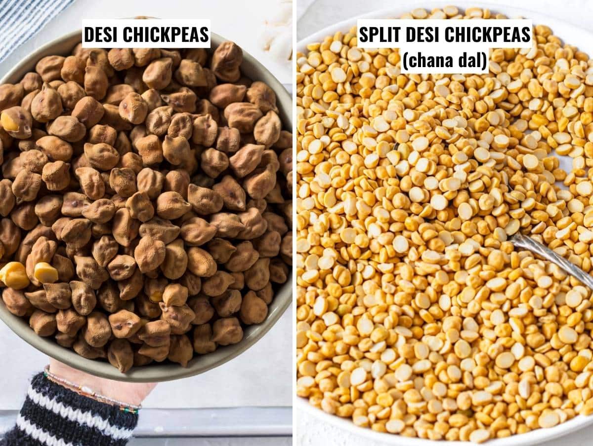 Desi chana and split chickpeas side by side