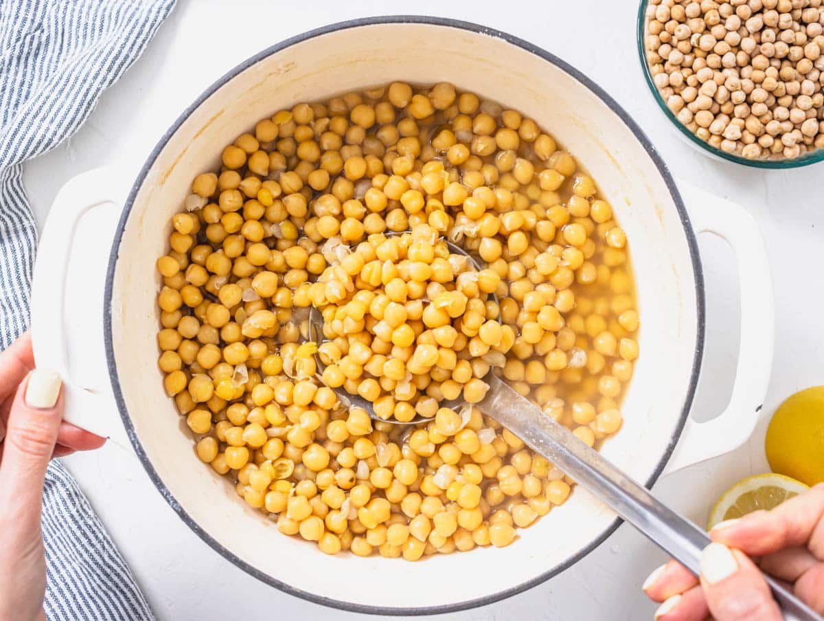 cooked chickpeas in a white pot