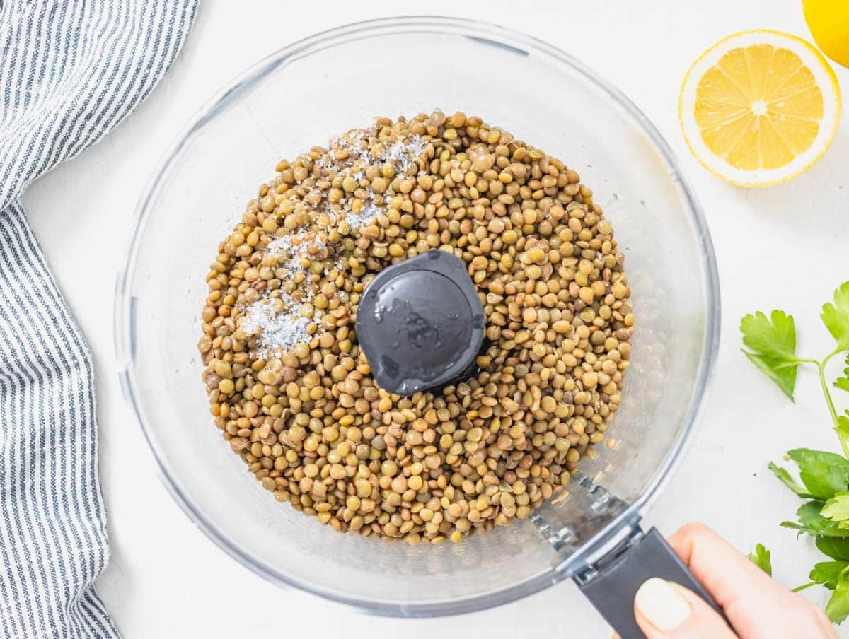 cooked lentils, salt, and lentil water in a food processor