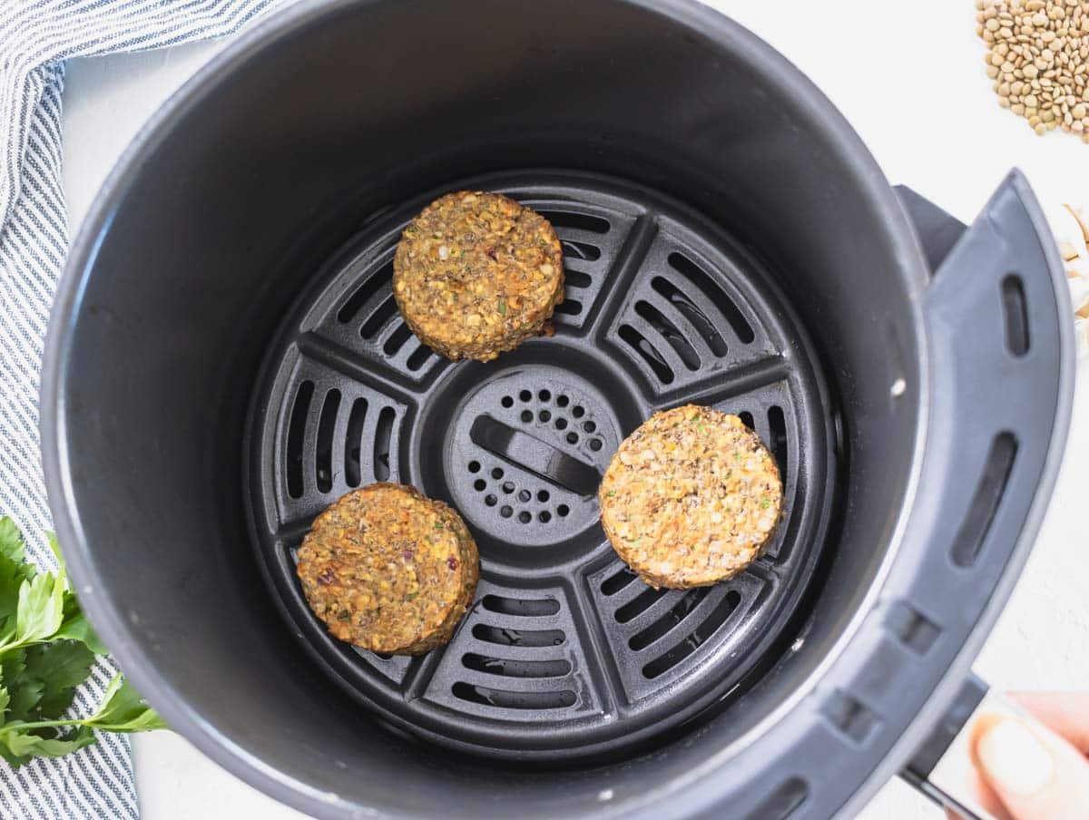 Lentil patties cooked in an air fryer