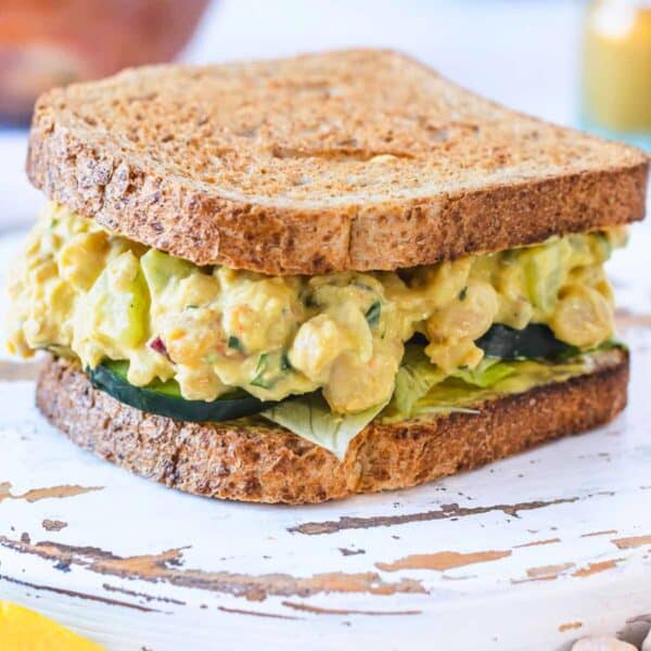 curry chickpea salad in a sandwich