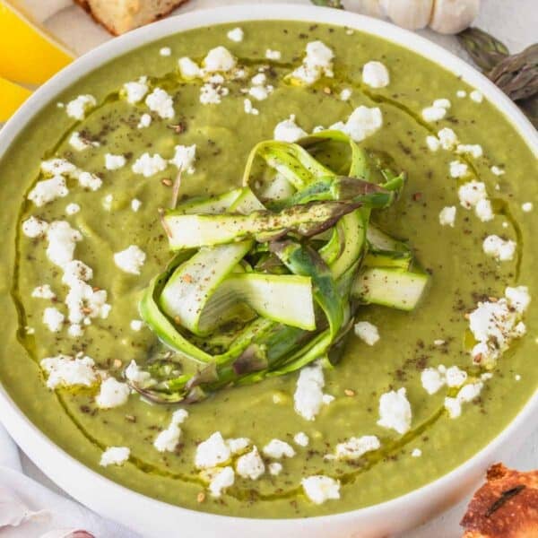 Asparagus soup with crumbled feta and shaved asparagus