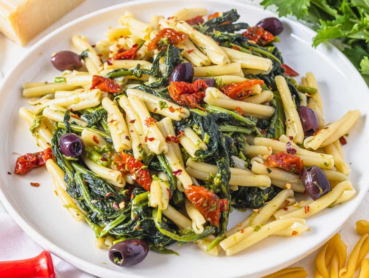 Casarecce pasta with broccoli rabe, sun-dried tomatoes and red pepper flakes