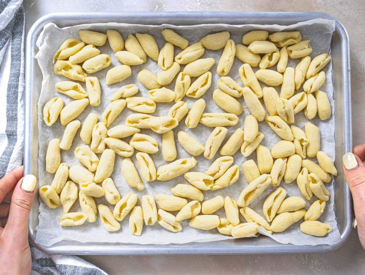 Cavatelli pasta in a baking trey