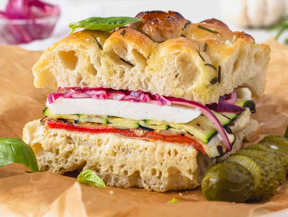 focaccia sandwich with veggies and cheese