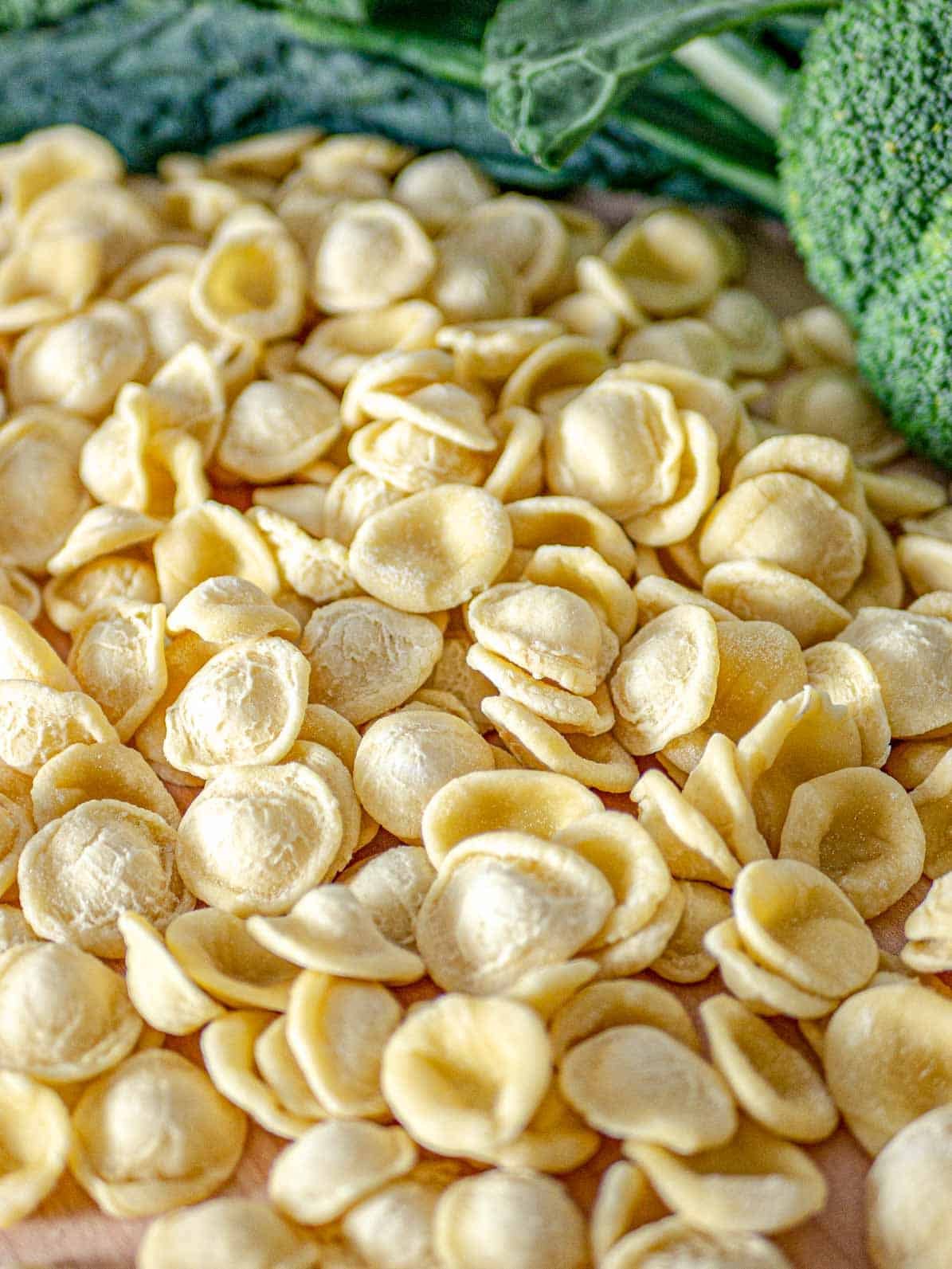 Homemade Orecchiette pasta with broccoli on the side