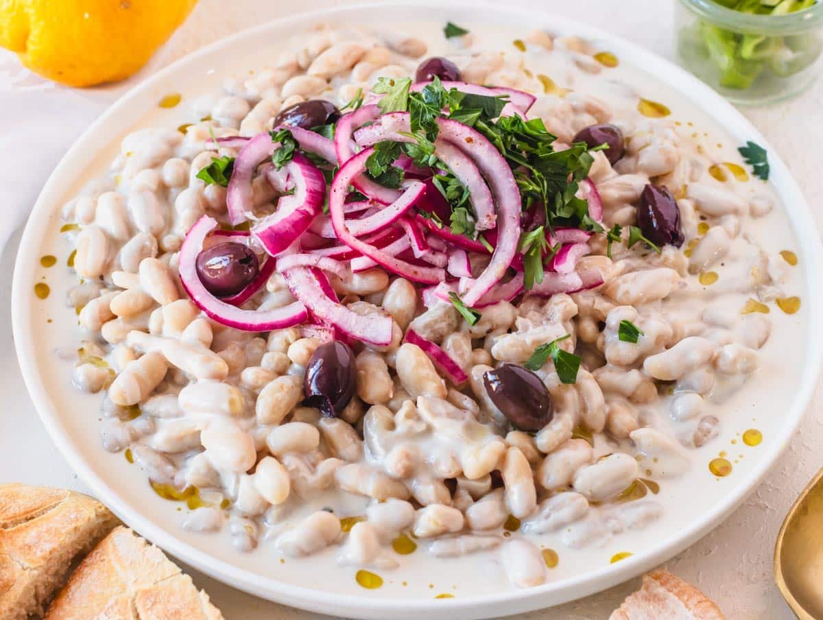 Piyaz salad with onions on a big white plate