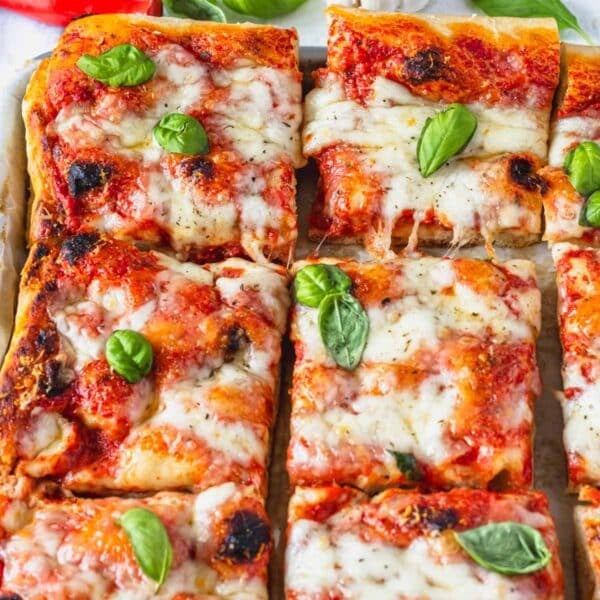 focaccia pizza with melted mozzarella and fresh basil leaves