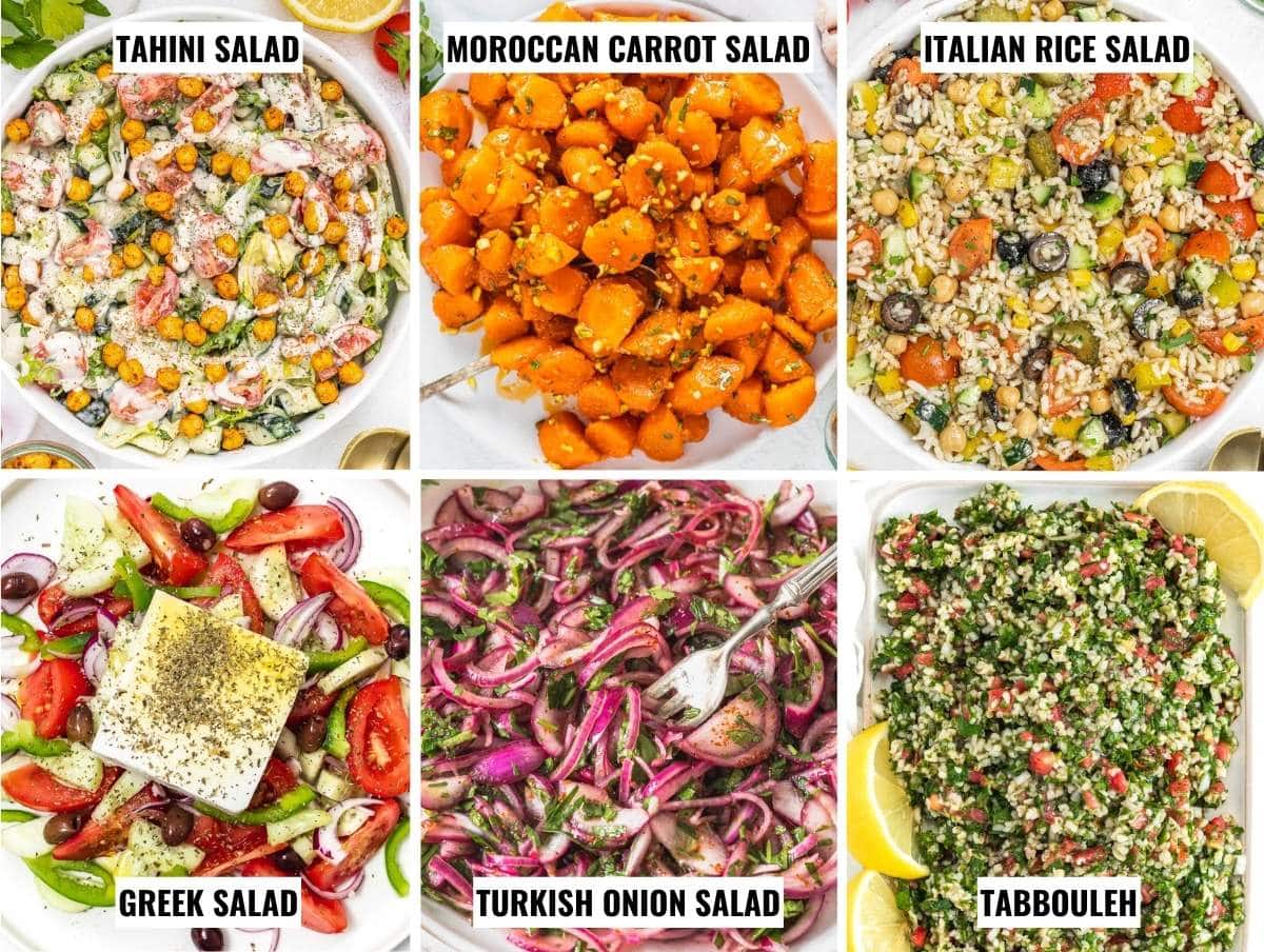 examples of Mediterranean salads including tahini salad, Moroccan carrot salad, and tabbouleh