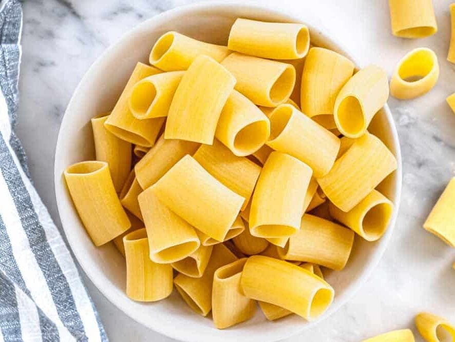 paccheri pasta in a white bowl