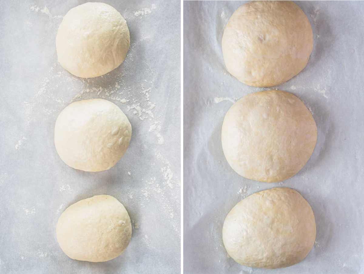 Neapolitan pizza dough balls before and after second proofing