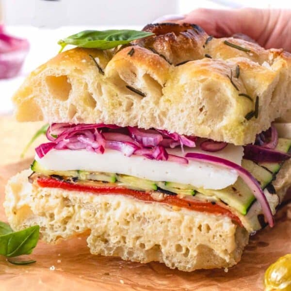 Focaccia sandwich with a hand