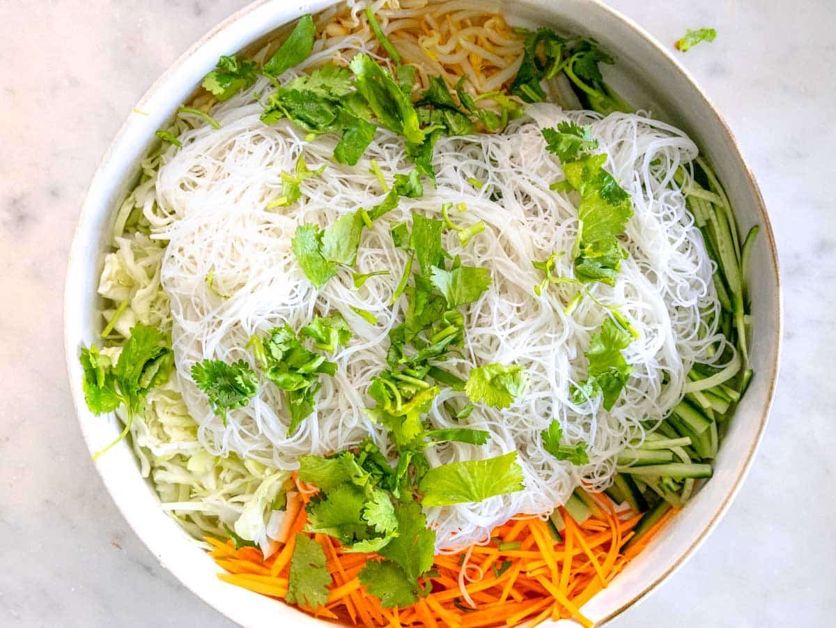 Asian noodle salad in a white bowl before mixing