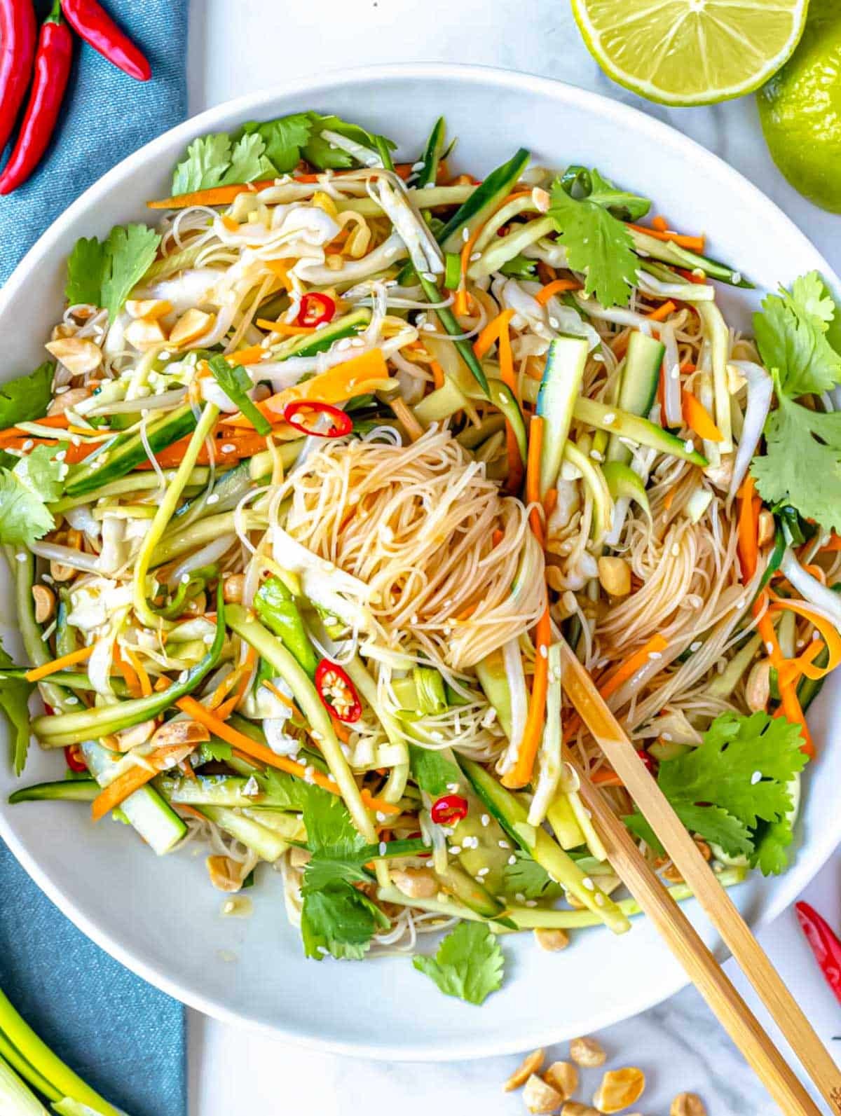 Asian noodle salad with chopsticks.