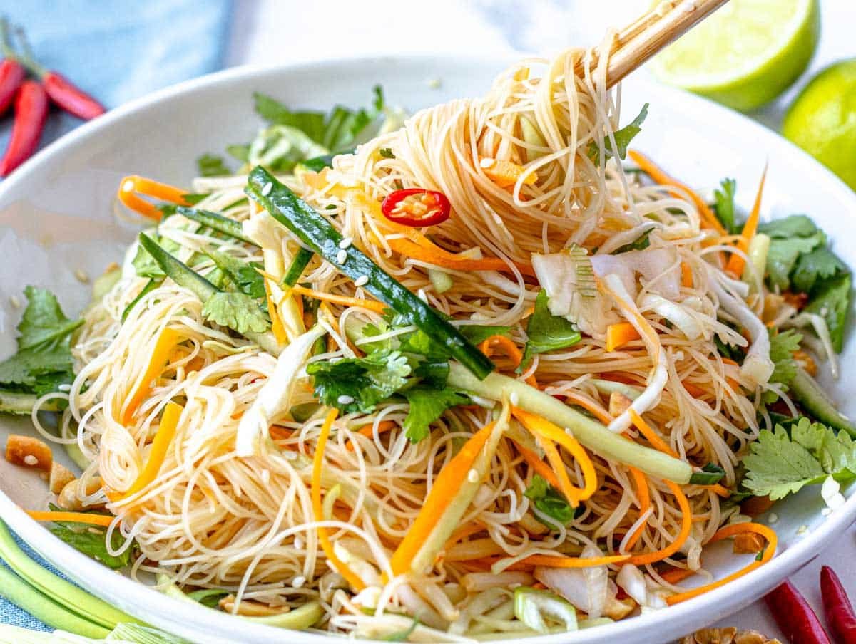 Asian noodle salad with chopsticks