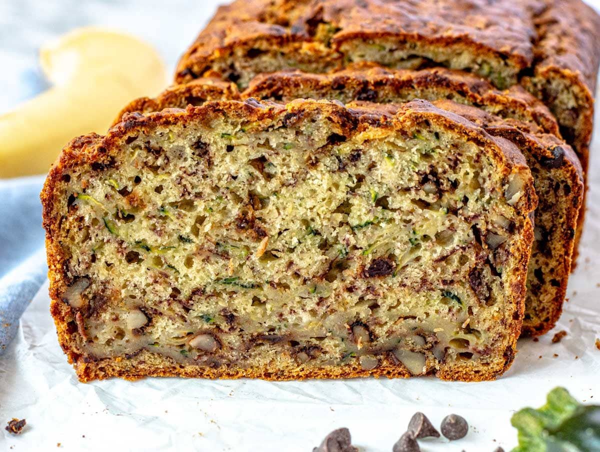 Banana Zucchini bread with chocolate chips on a cutting board