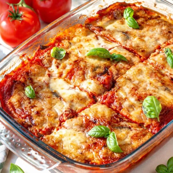 Homemade Italian eggplant casserole with bubbling cheese and rich tomato sauce.