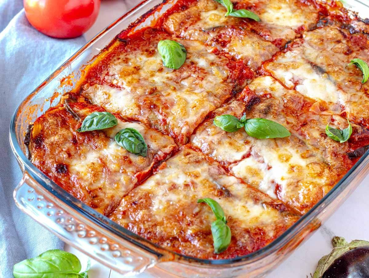 casseroli dish with eggplant parmigiana right out of the oven